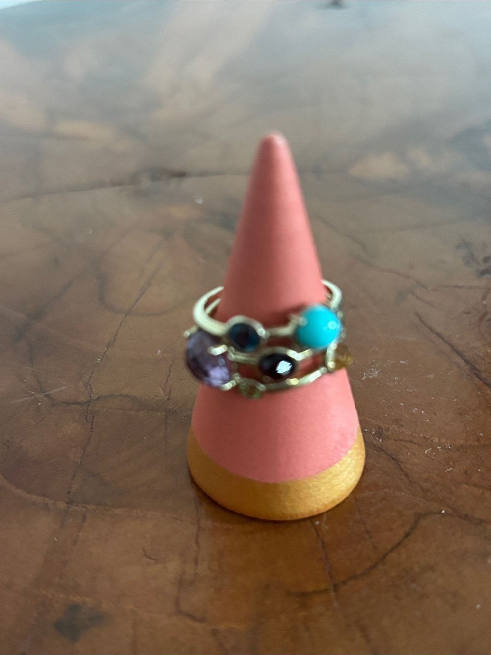 Gold Multi-Stone Stackable Ring Set with Turquoise and Amethyst Accents